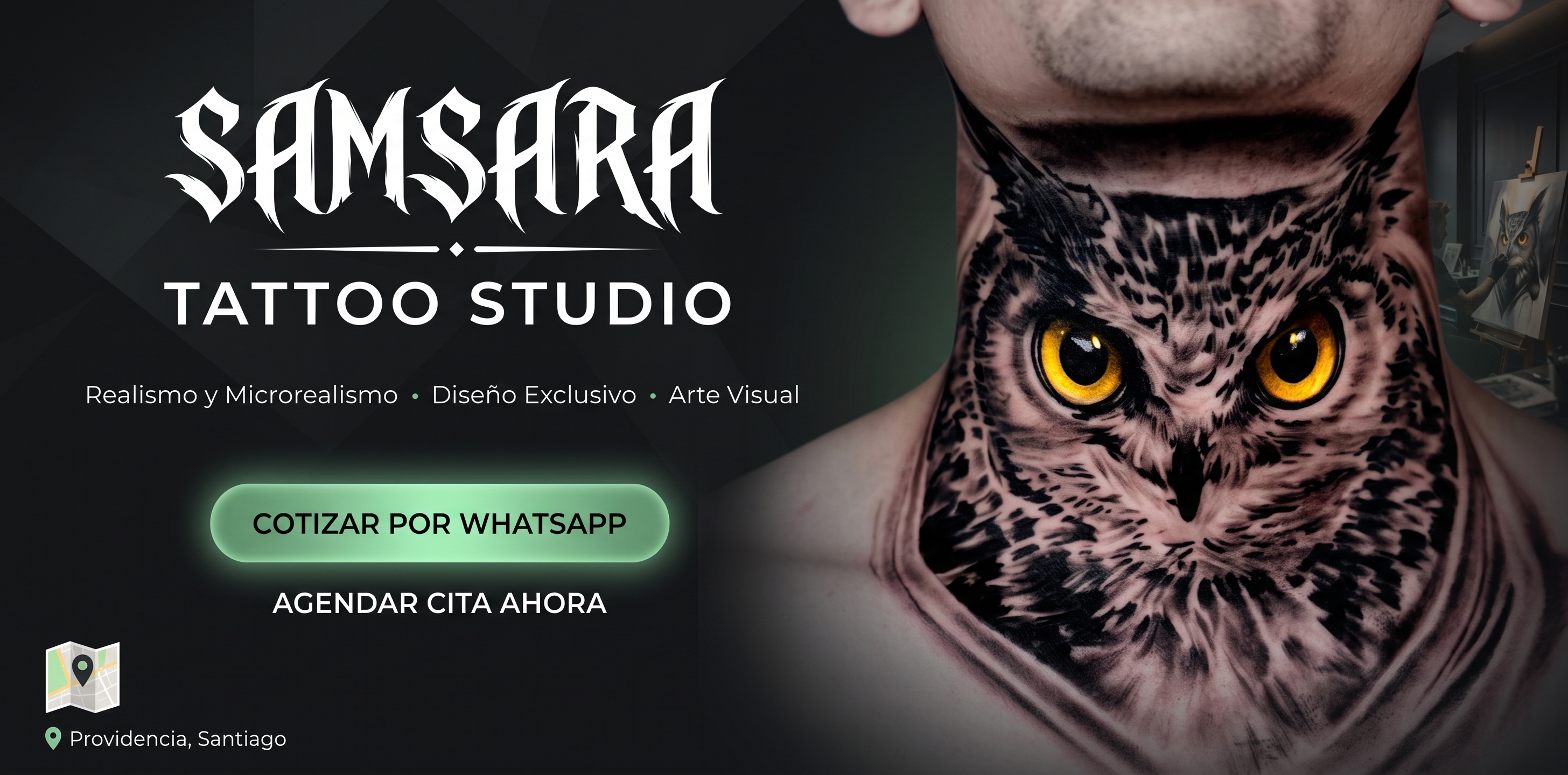 Samsara Tattoo Studio - Wilfren Jiménez - Tatuaje de buho con ojos dorados en Santiago de Chile